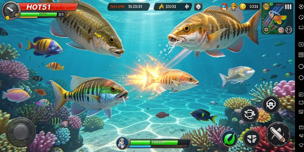Screenshot gameplay HOT51 dengan aksi menembak ikan yang intens.