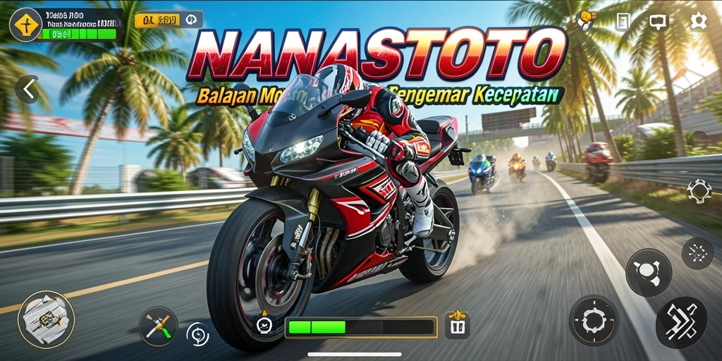 Tangkapan layar <strong>NANASTOTO</strong> menunjukkan balapan mendebarkan dengan grafik memukau dan detail motor yang realistis.