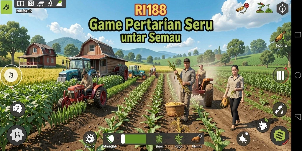 Tampilan gameplay RI188 dengan ladang subur dan petani bekerja.