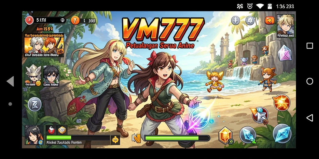 Tampilan gameplay VM777 dengan aksi seru dan karakter anime.