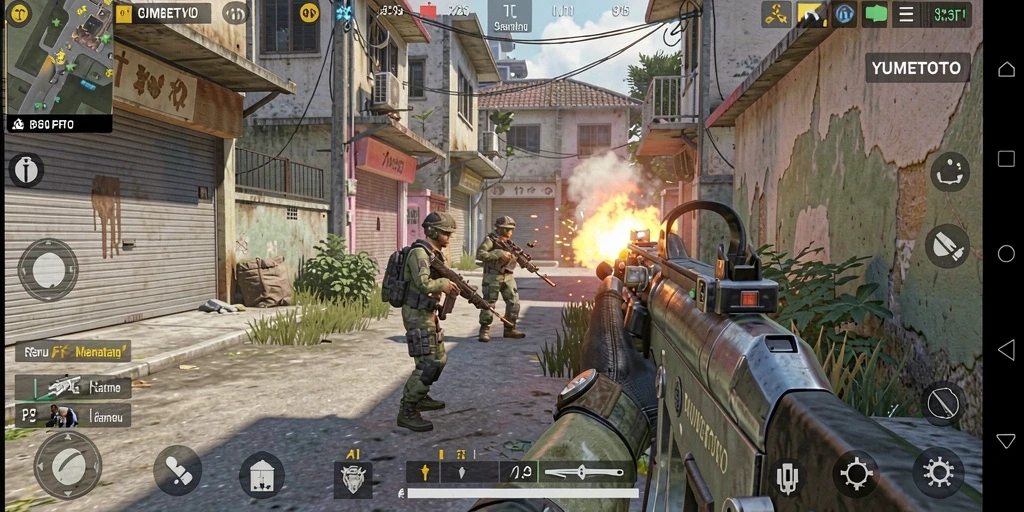 Screenshot gameplay YUMETOTO dengan aksi menembak mendebarkan.